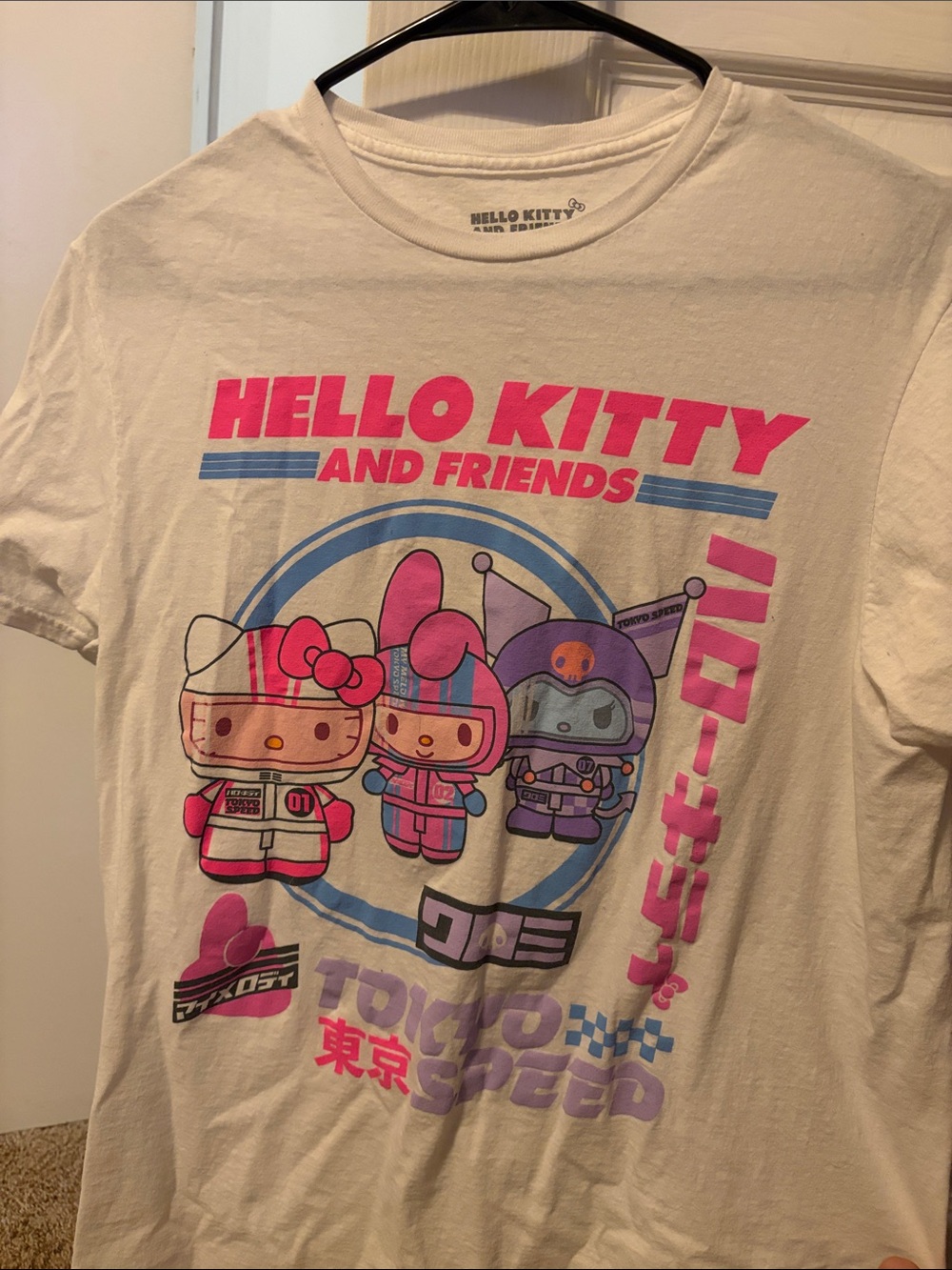 Hello Kitty White Tee with Pink and Purple Character Graphic